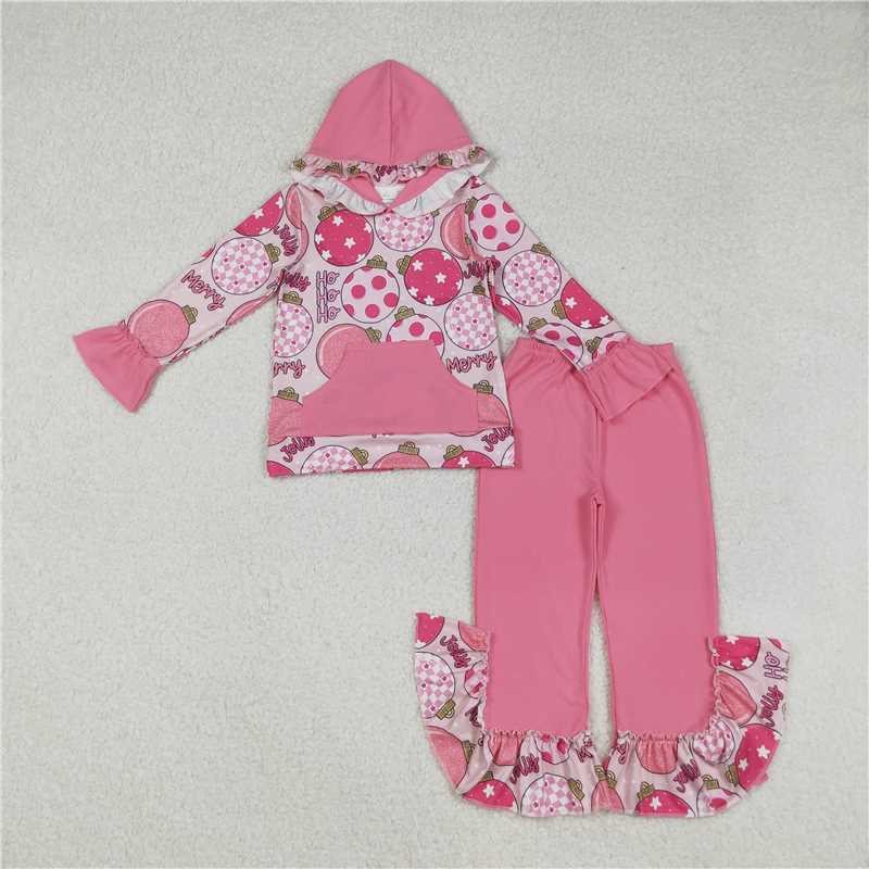 12.12 RTS NO MOQ (In stock)GLP2650 Baby Girls Pink Merry Christmas Pocket Hoodie Top Ruffle Pants Sets