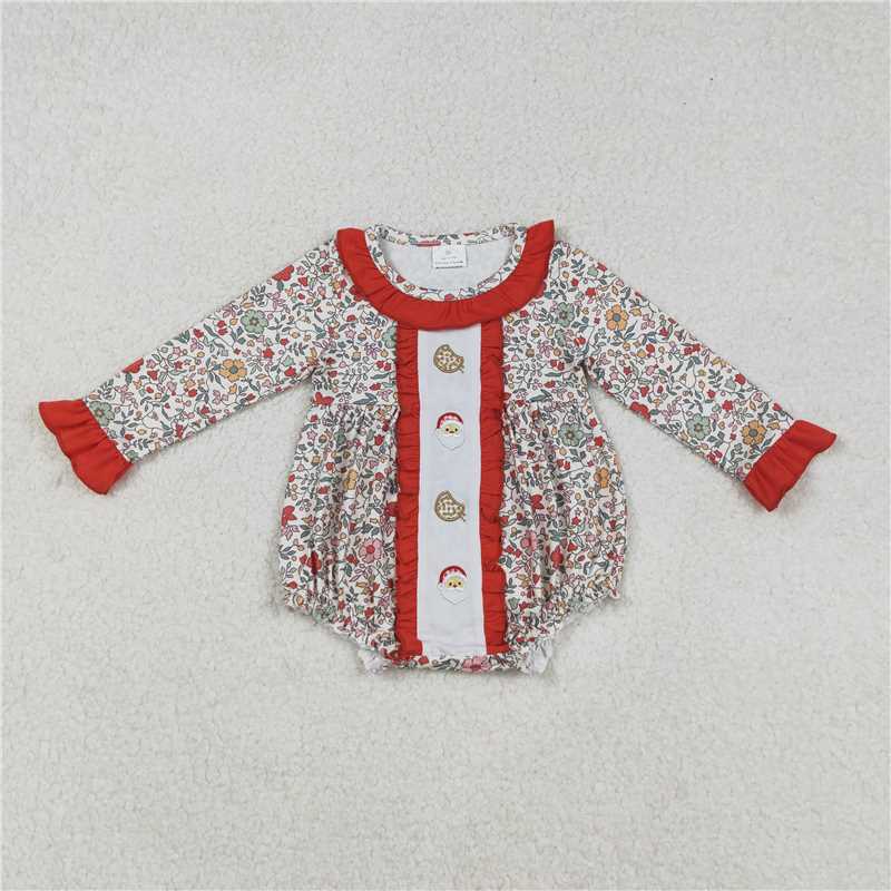 11.28 RTS NO MOQ (In stock)LR2232 Embroidery Ruffle Baby Girls Christmas Floral Santa Cakes Ruffle Rompers