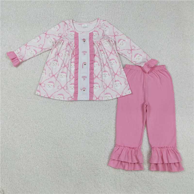 12.8 RTS NO MOQ (In stock)GLP2364 Embroidery Baby Girls Christmas Pink Bows Santa Tunic Ruffle Pants Sets