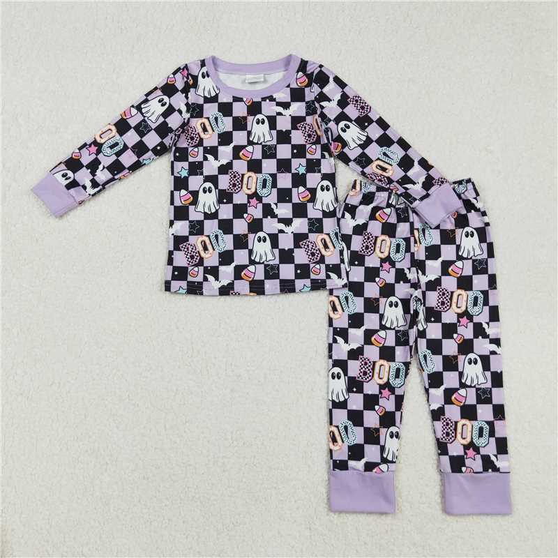 11.8 RTS NO MOQ (In stock)Matching GLP2684 Baby Girls Halloween Black Ghosts Candy Top Pants Pajamas Sets