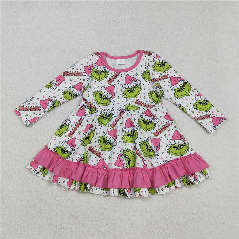 11.11 RTS NO MOQ (In stock)Matching Christmas GLD1234 Baby Girls Christmas Green Face Stars Plaid Ruffle Knee Length Dresses