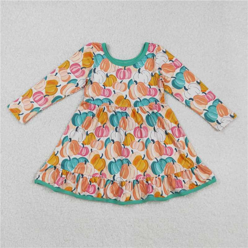 10.27 RTS NO MOQ (In stock)Matching GLD1264 Baby Girls Colorful Pumpkins Plaid Fall Ruffle Knee Length Dresses