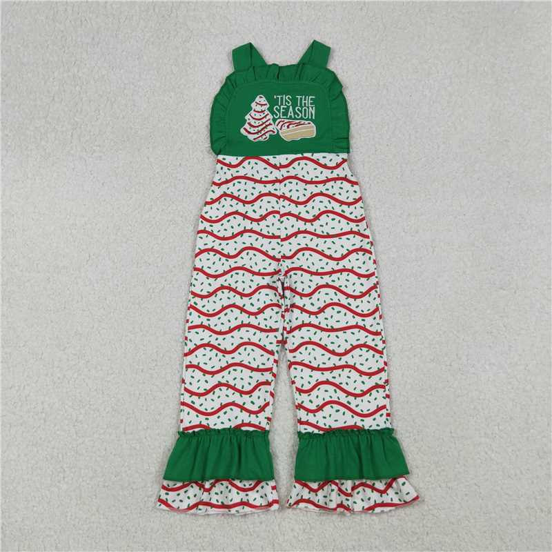 11.18 RTS NO MOQ (In stock)SR3178 Embroidery Baby Girls Green Strap Red Stripe Trees Ruffle Pant Jumpsuits