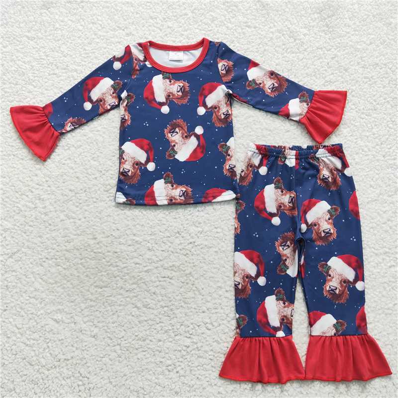 12.10 RTS NO MOQ (In stock)GLP0698 Baby Girls Christmas Highland Cow Pajamas Clothes Sets