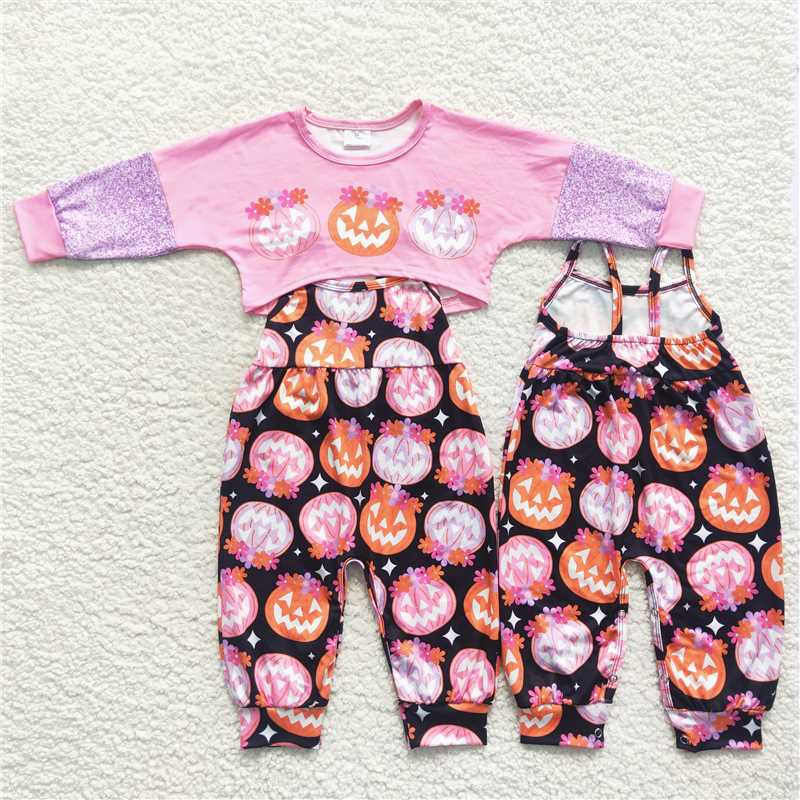 GLP0686Floral pumpkin jumpsuit top girls Halloween clothes