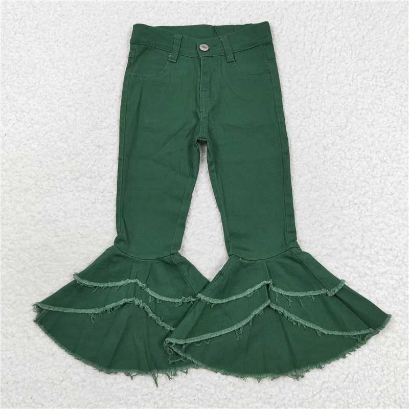 P0171 Baby Girls Double Ruffle Green Denim Bell Pants