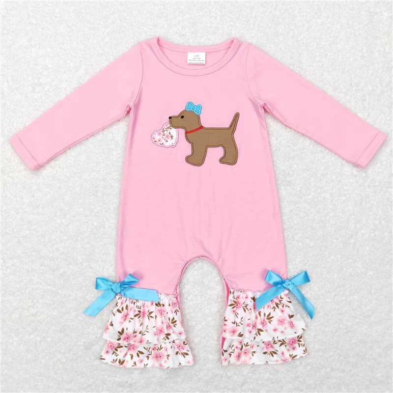 LR0789 Pink dog floral heart baby girls valentine's day romper
