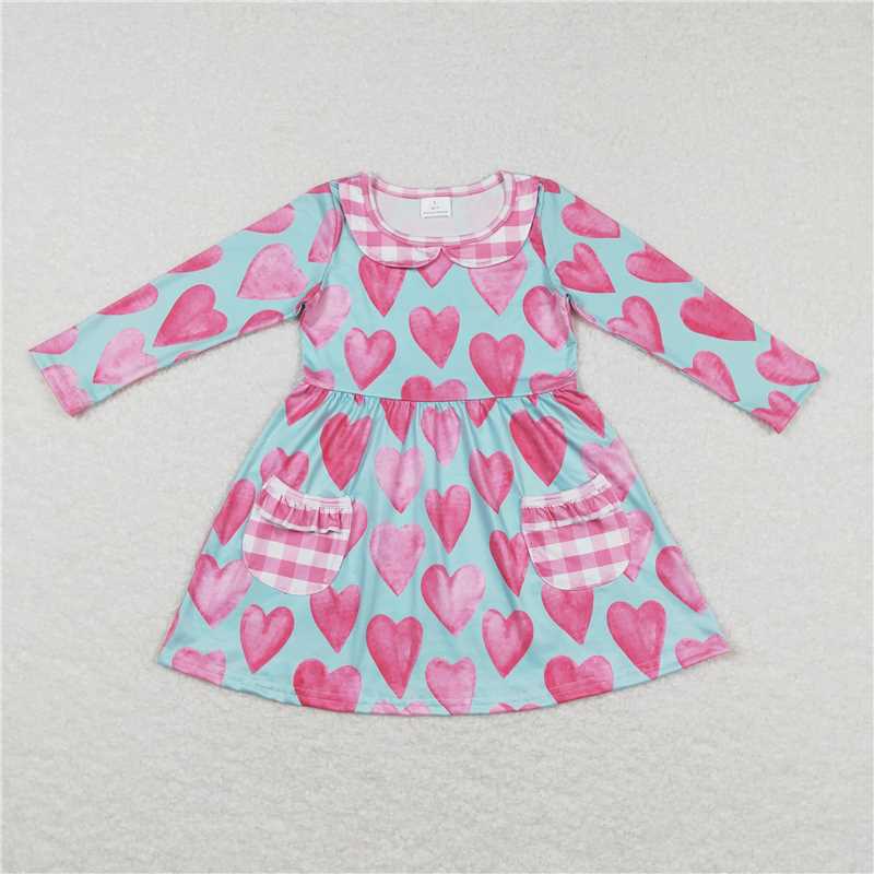 GLD0455 Baby Girls Valentines Hearts Pockets Knee Length Dresses