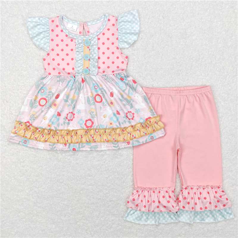 GSPO0912 Flower rabbit polka dot yellow lace short-sleeved cropped trousers suit