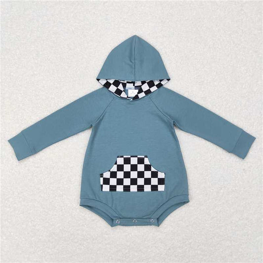 RTS LR0759 Black and white plaid pocket blue hooded long-sleeved jumpsuit