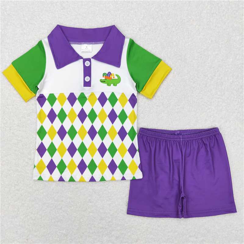 12.19 RTS NO MOQ (In stock)BSSO0311 Baby Boys Mardi Gras Alligator Shirt Shorts Clothing Sets
