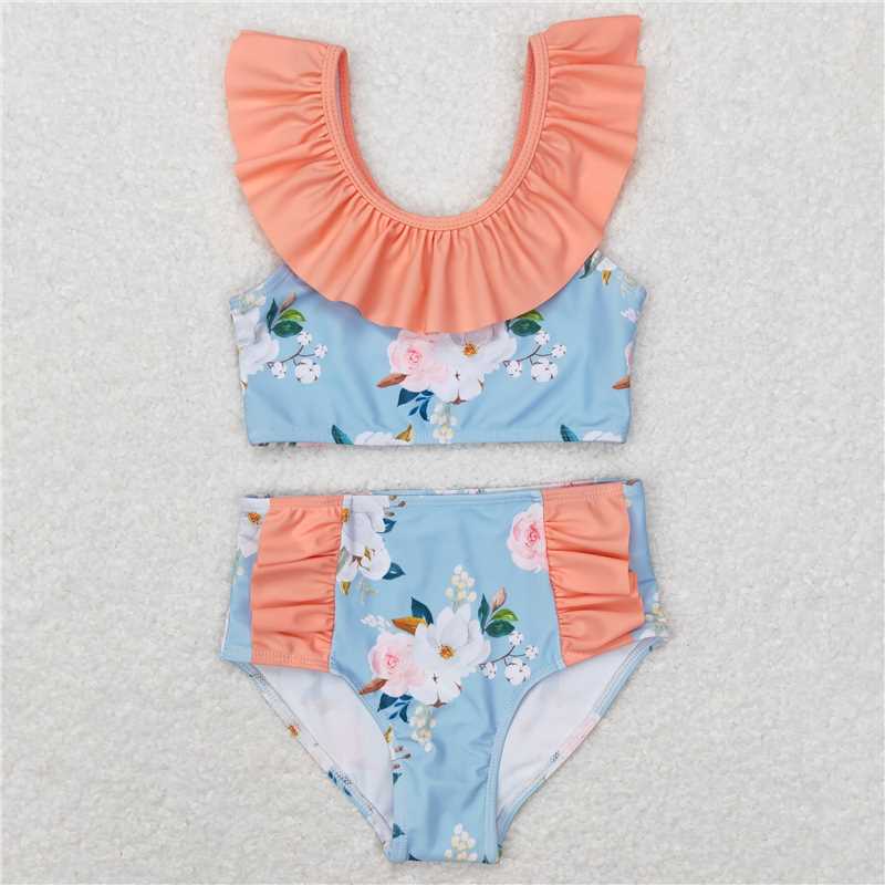 S0179 Baby Girls Blue Flowers Sleeveless Ruffle Top 2pcs Swimsuits