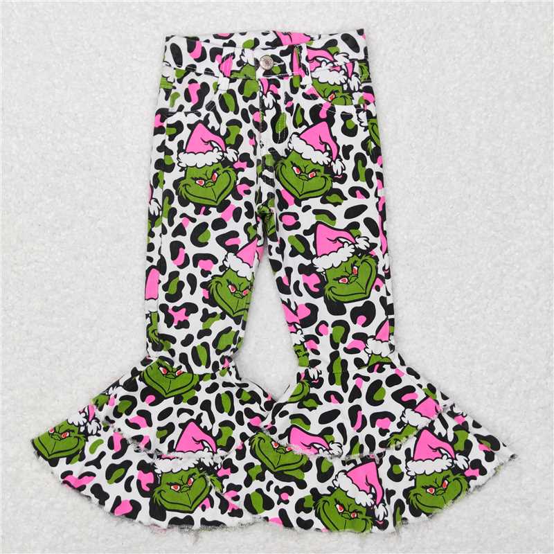 P0318 Baby Girls Christmas Frog Leopard Bell Denim Pants