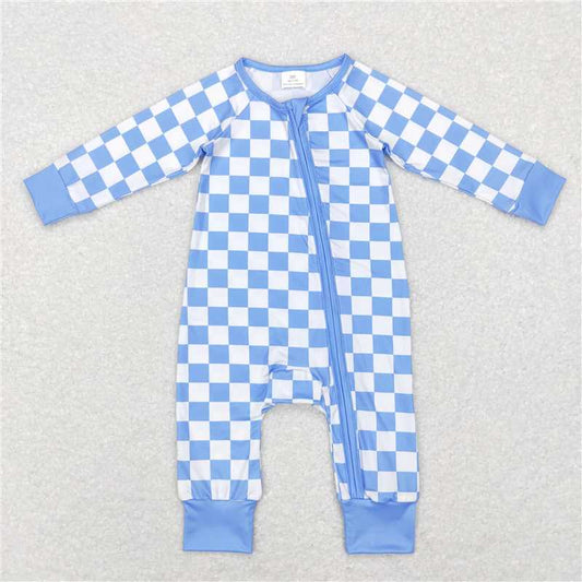 RTS LR0811 Blue and white plaid zipper long-sleeved jumpsuit