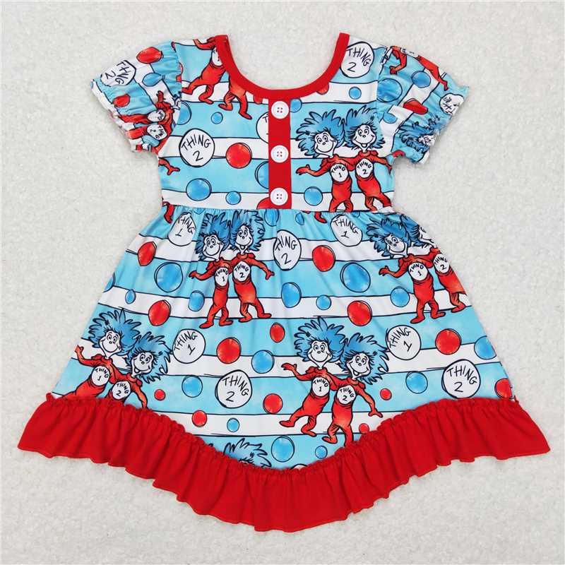 GSD0557 Short sleeves blue stripe cat hat ruffle girls dresses