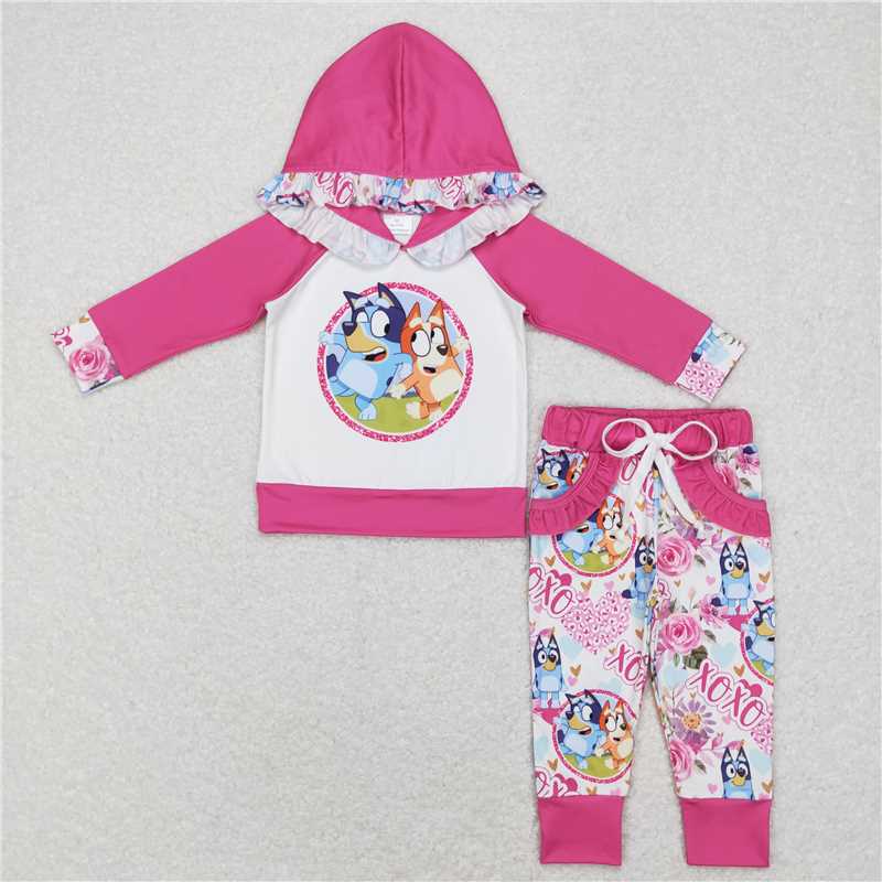GLP0985 Baby Girls Pink Hooded Long Sleeve Top Pants Valentines Dogs Clothing Sets