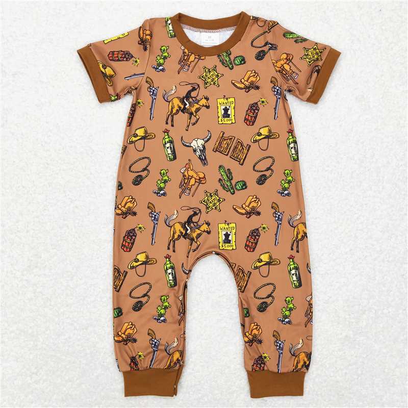 SR0569 Sibling Baby Girls Boys Western Cow Short Sleeve Rompers
