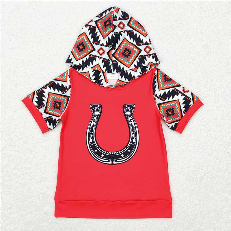 BT0459 Baby Kids Western Red Horse Shoes Hooded Tops