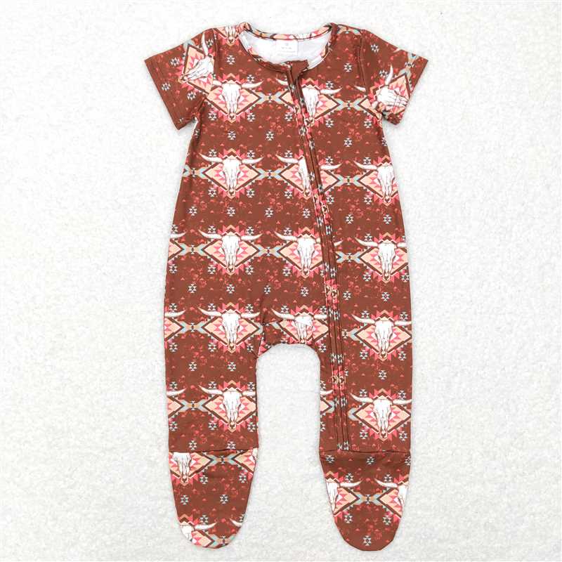 SR0199 Baby Boys Western Aztec Cow Brown Short Sleeve Footie Rompers