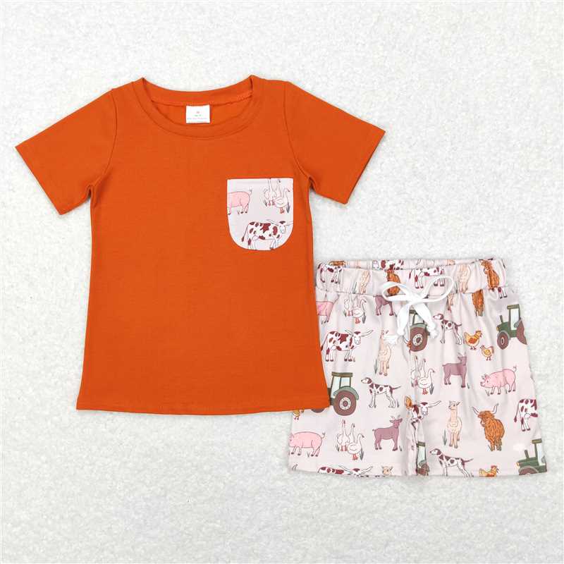 BSSO0339 Baby Boys Farm Pocket Short Sleeve Tops Shorts Clothes Sets
