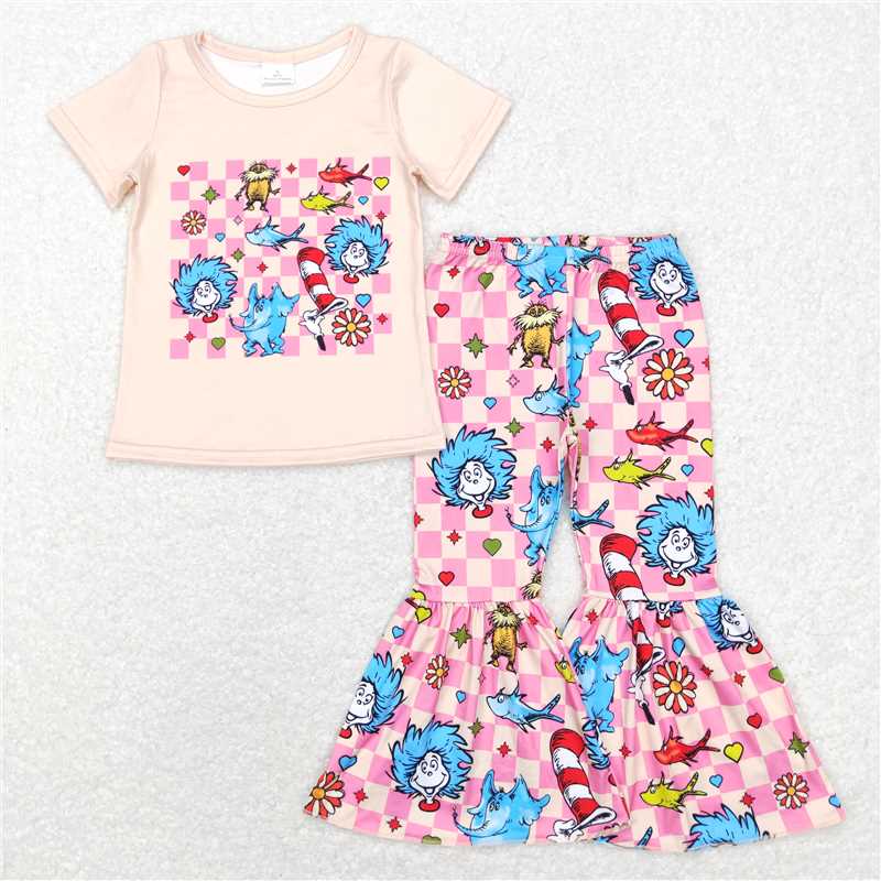 GSPO0923 Dr Seuss beige short-sleeved pink plaid trousers suit