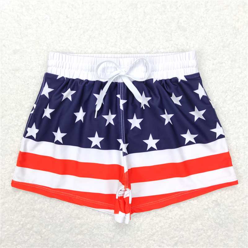 S0188 Dark blue swimming trunks with red and white stripes and five-pointed stars