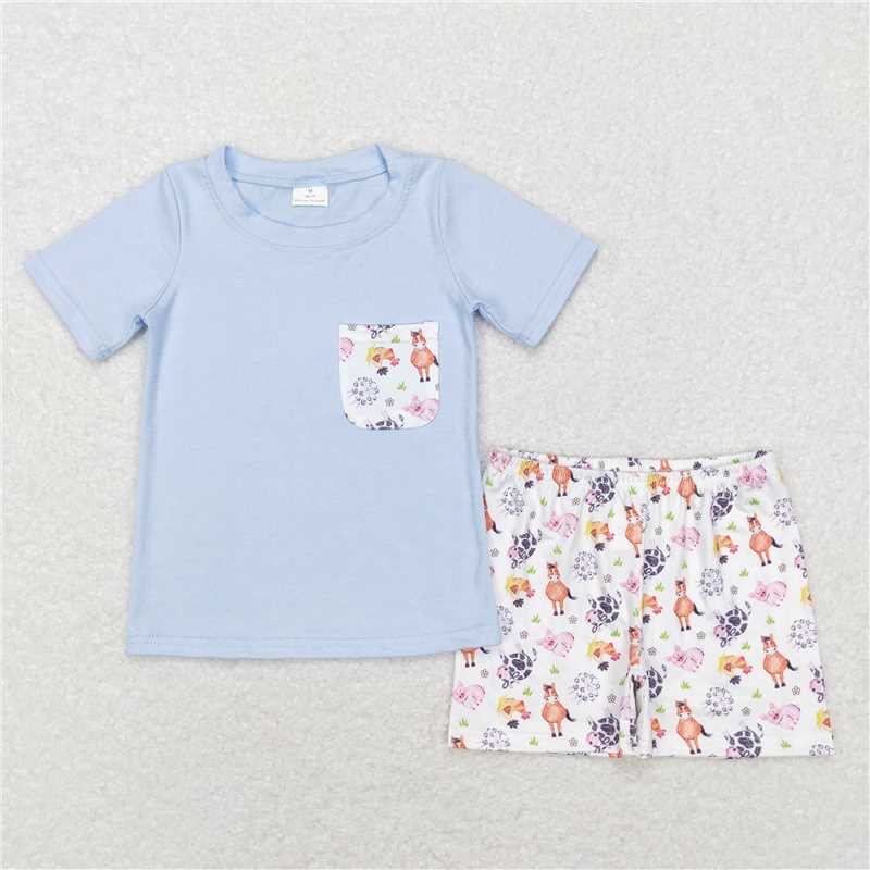 BSSO0352 Baby Boys Cows Horse Blue Farm Shirt Top Shorts Clothing Sets