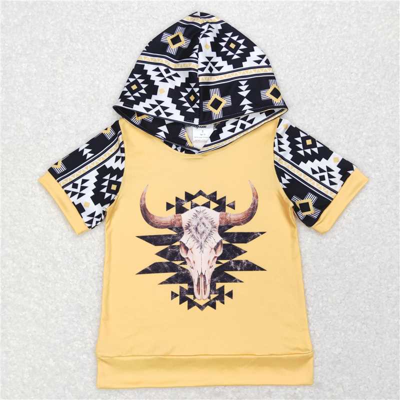 BT0458 Baby Kids Western Cow Skull Short Sleeve Hooded Tops