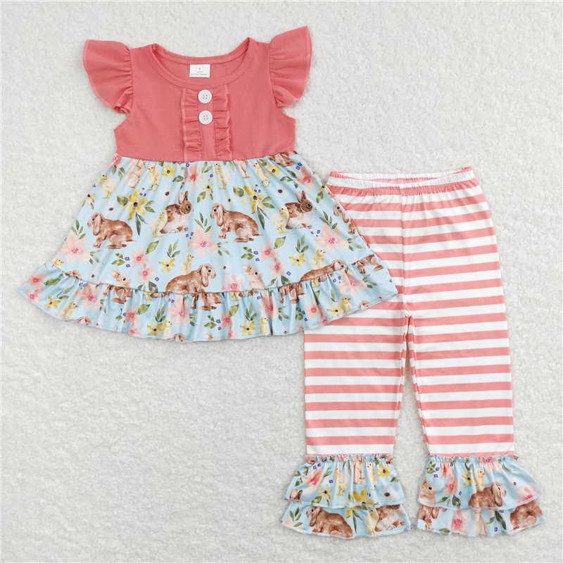 GSPO1132 Bunny flower light blue short-sleeved striped trousers suit