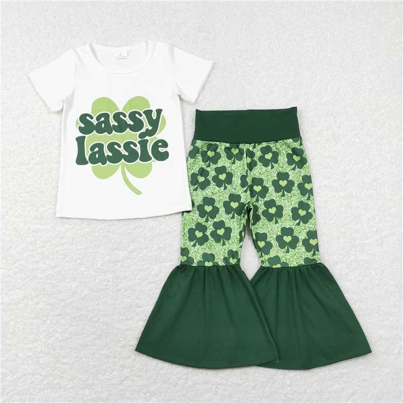 12.20 RTS NO MOQ (In stock)GSPO1029 Baby Girls St Patrick Day Sassy Top Quatrefoil Bell Bottom Pants Clothes Sets