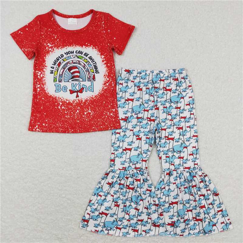 GSPO1115 Girls be kind dr seuss rainbow red and white short-sleeved trousers suit