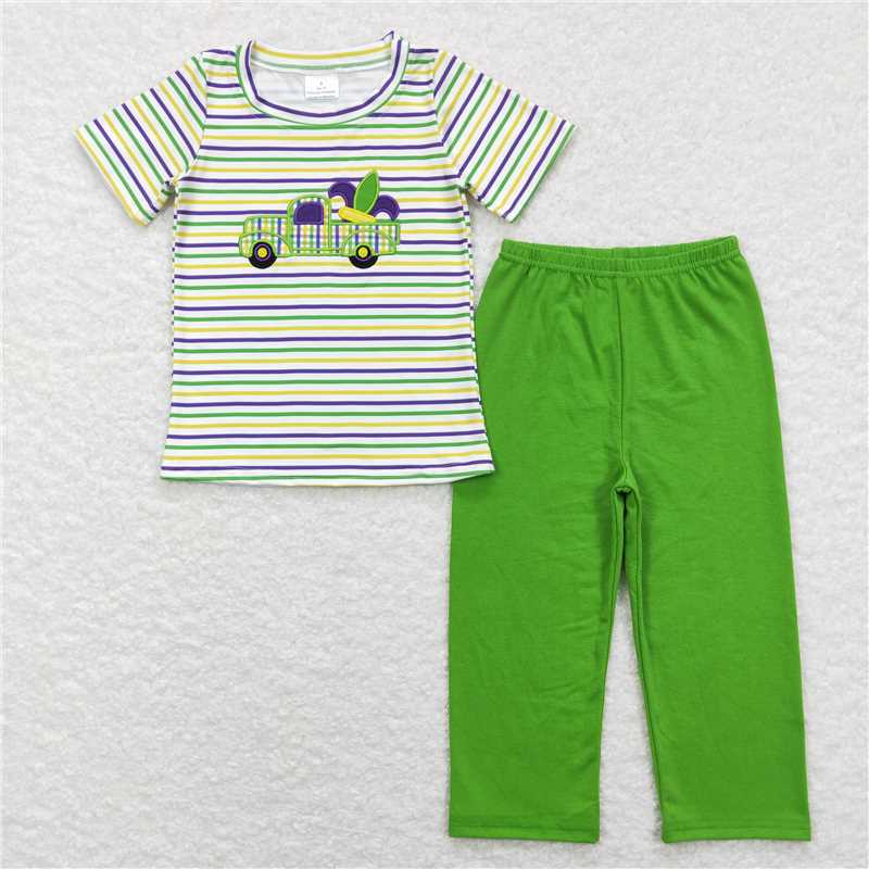 12.19 RTS NO MOQ (In stock)BSPO0215 Baby Boys Mardi Gras Tractor Shirt Top Pants Clothes Sets