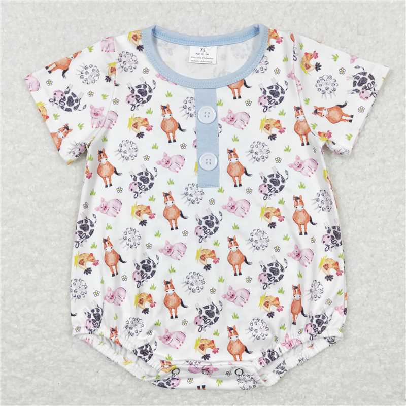 SR0607 Baby Infant Boys Cow Horse Farm Short Sleeve Rompers