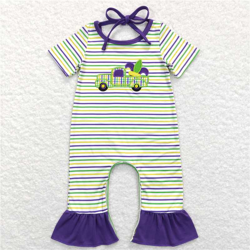 SR0518 Baby Girls Mardi Gras Embroidery Tractor Short Sleeve Rompers