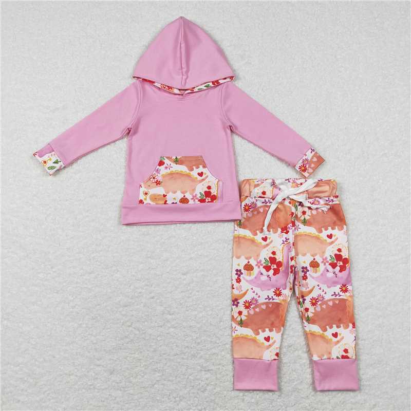 GLP0865 Baby Girls Pink Valentines Dinosaur Long Sleeve Hooded Shirt Pants Clothing Sets