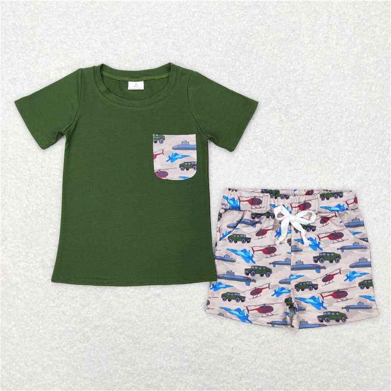 BSSO0338 Baby Boys Green Army Pocket Tee Shirt Top Shorts Clothes Sets