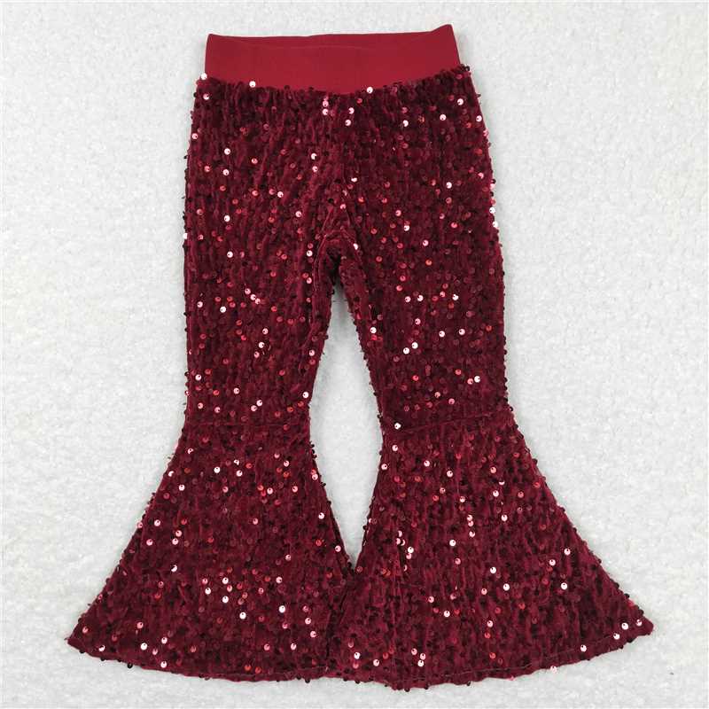P0338 Baby Girls Maroon Sequin Bell Bottom Pants