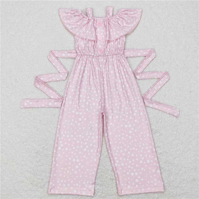 SR0420 Baby Girls Pink Dots Ruffle Strap Belts Jumpsuits