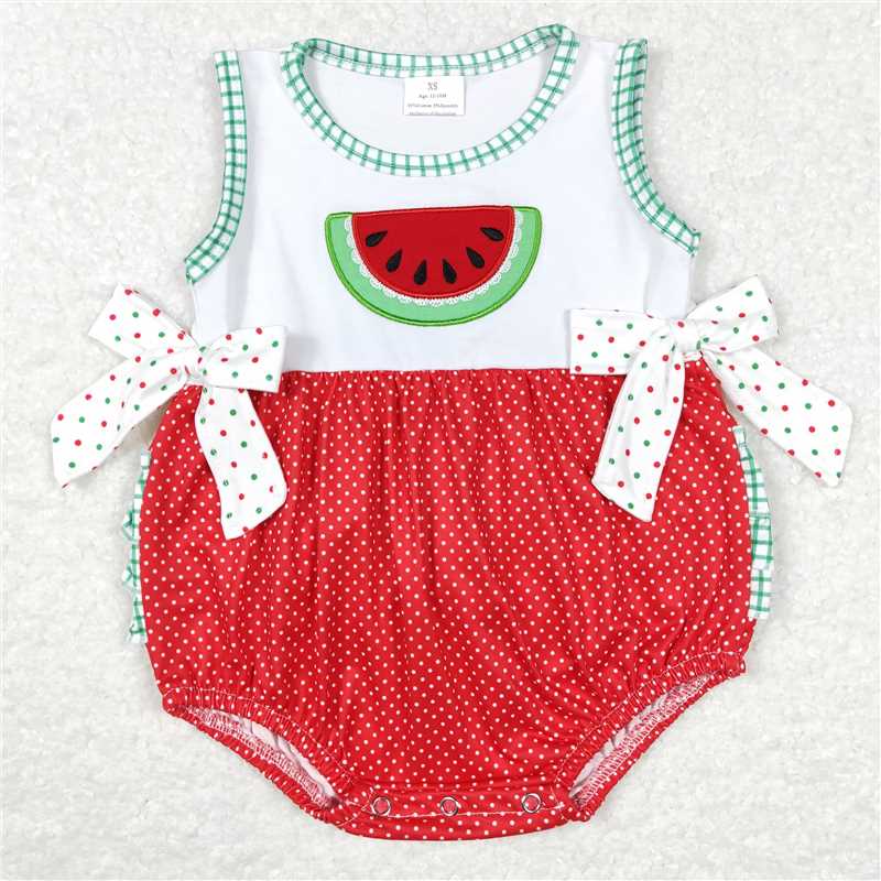 SR0593RTS NO MOQ Baby Girls Summer Rompers Baby Infant Girls Watermelon Bows Ruffle Rompers