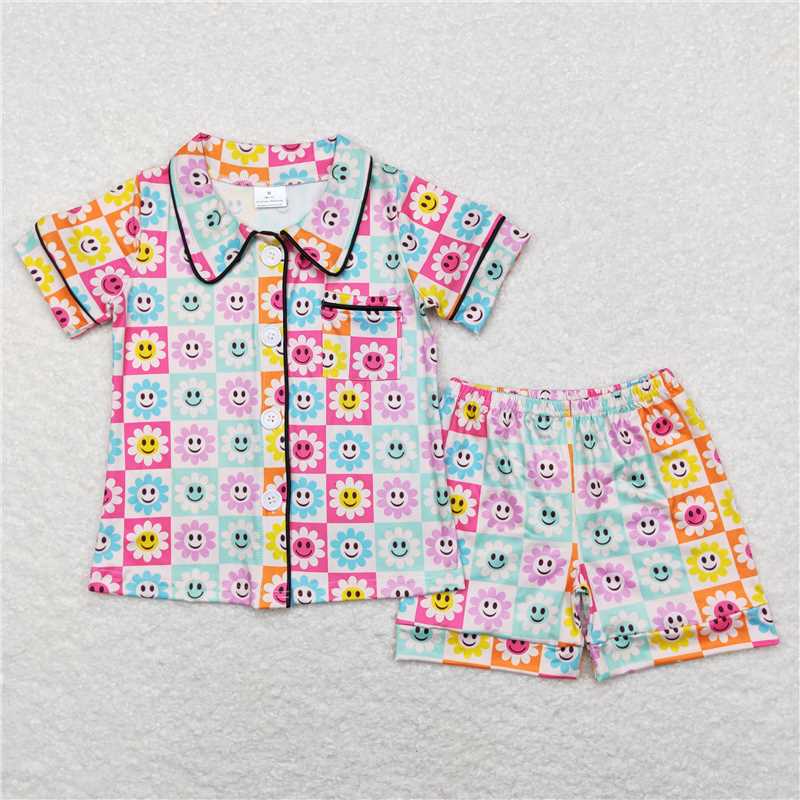 Baby Girls Flower Spring Summer Smile Buttons Shirt Shorts Pajamas Clothes Sets