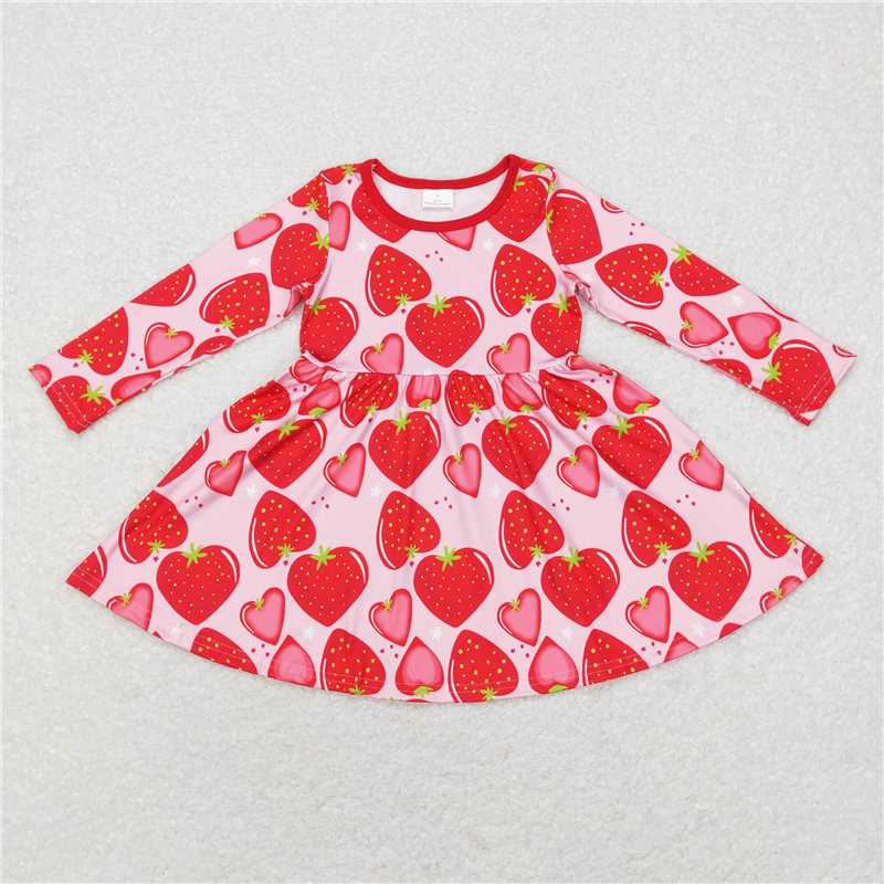 GLD0469 Baby Girls Long Sleeve Strawberry Knee Length Dresses