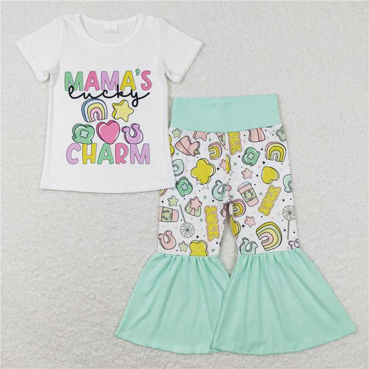 GSPO1047 mama's charm white short-sleeved rainbow heart pants suit