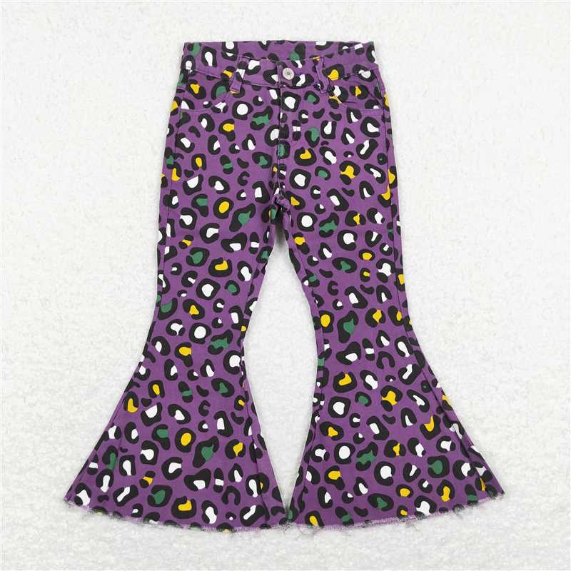 P0313 Baby Girls Mardi Gras Purple Leopard Bell Denim Pants Jeans