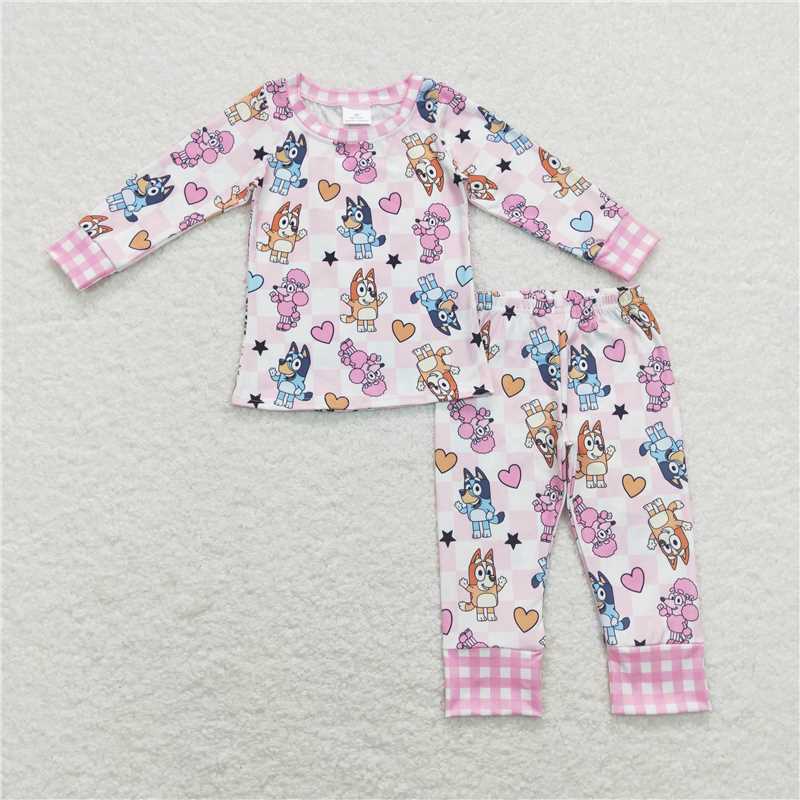 GLP1099Pink plaid dogs heart kids girls valentines pajamas