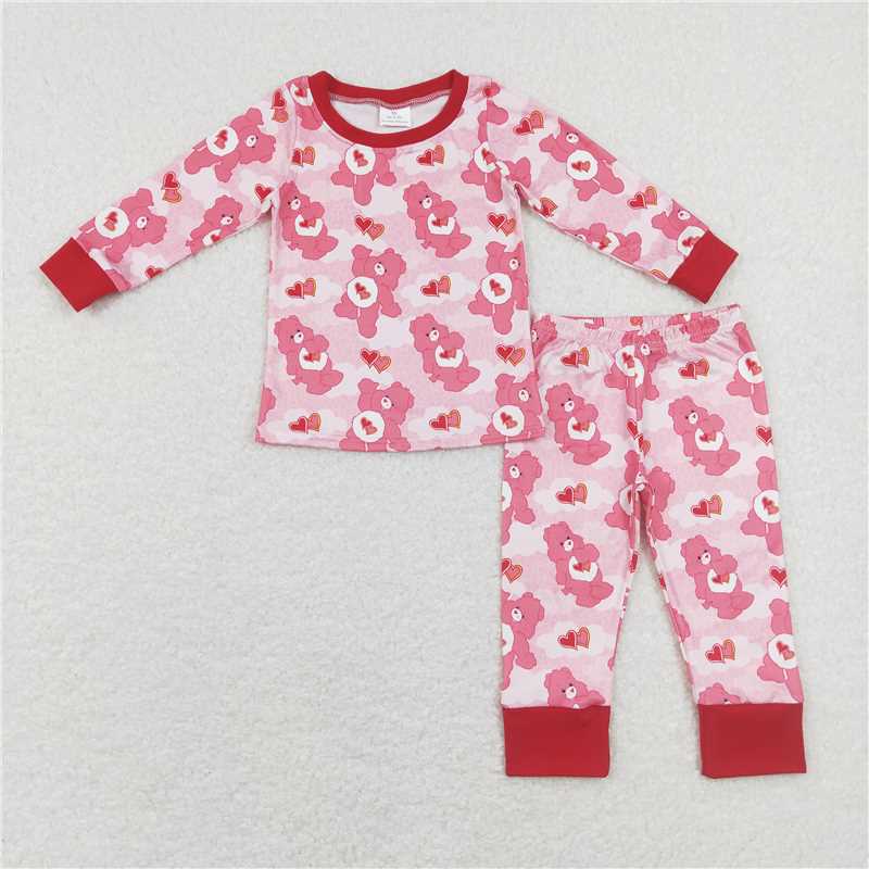GLP1090 Pink heart bear long sleeves girls valentine's pajamas