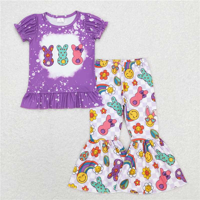 GSPO1116 Three rabbits lace short-sleeved smiley face rainbow purple and white plaid trousers suit