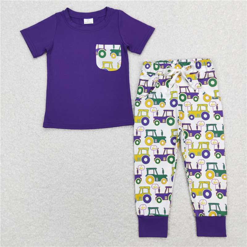 BSPO0278 Baby Boys Mardi Gras Pocket Top Tractor Pants Clothes Sets