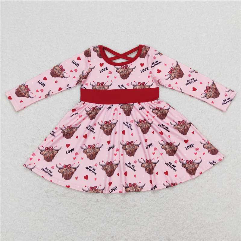 GLD0479 Baby Girls Valentines Western Cow Hearts Long Sleeve Knee Length Dresses