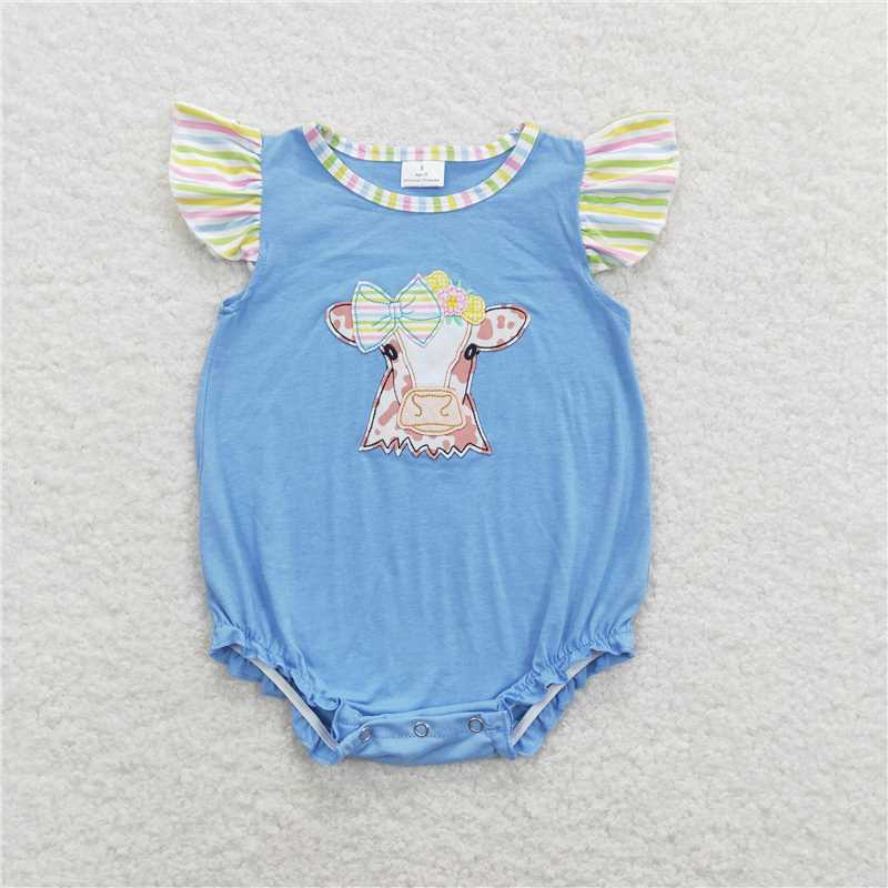 SR0825 Baby Infant Girls Cows Bows Flutter Sleeve Rompers
