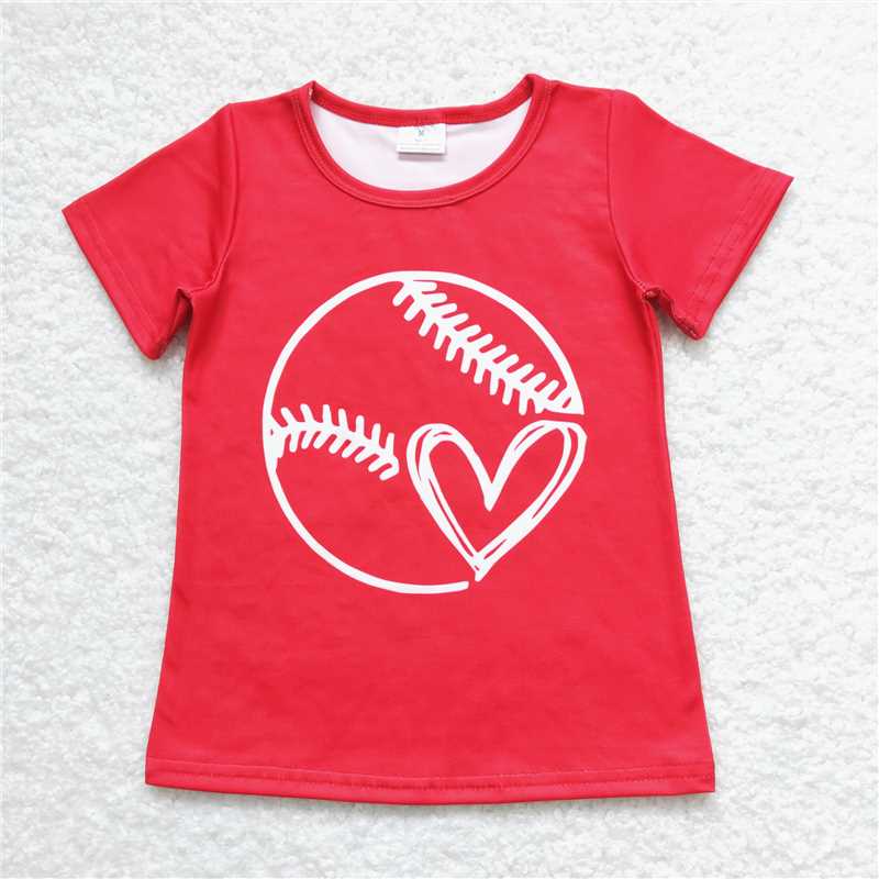GT0430 Baby Girls Baseball Heart Red Short Sleeve T-shirt